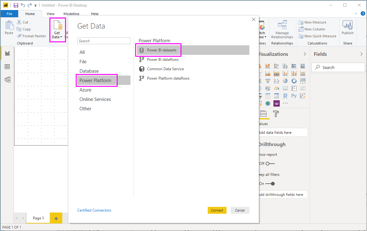 Screenshot that shows selecting Power BI semantic models in the Power BI Desktop Get data screen.