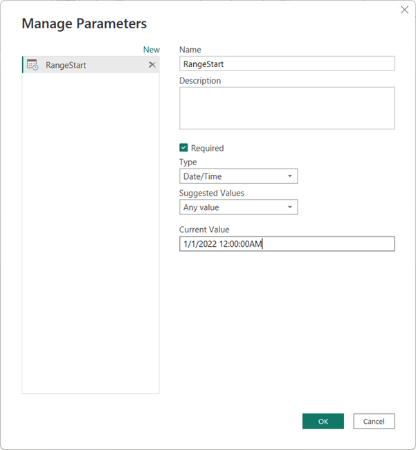 Define Range Start parameter in Manage Parameters dialog