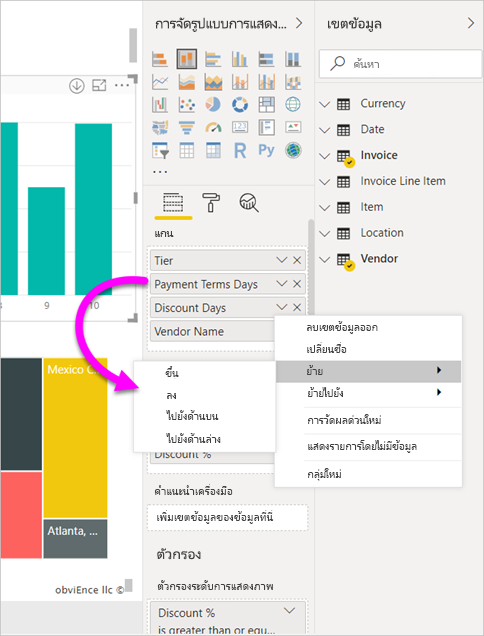 Screenshot of the Vizualizations and Fields panes, highlighting the options to move fields.