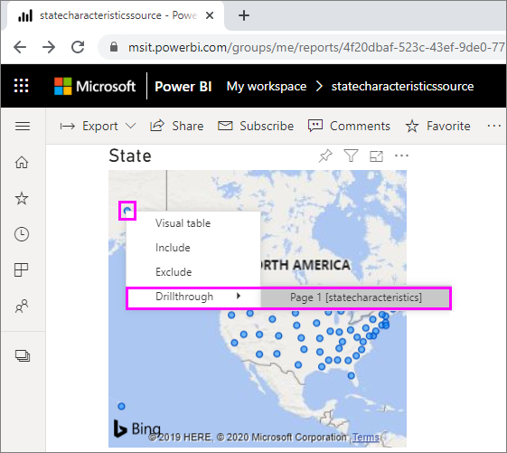 Screenshot showing Power BI cross-report drillthrough option.