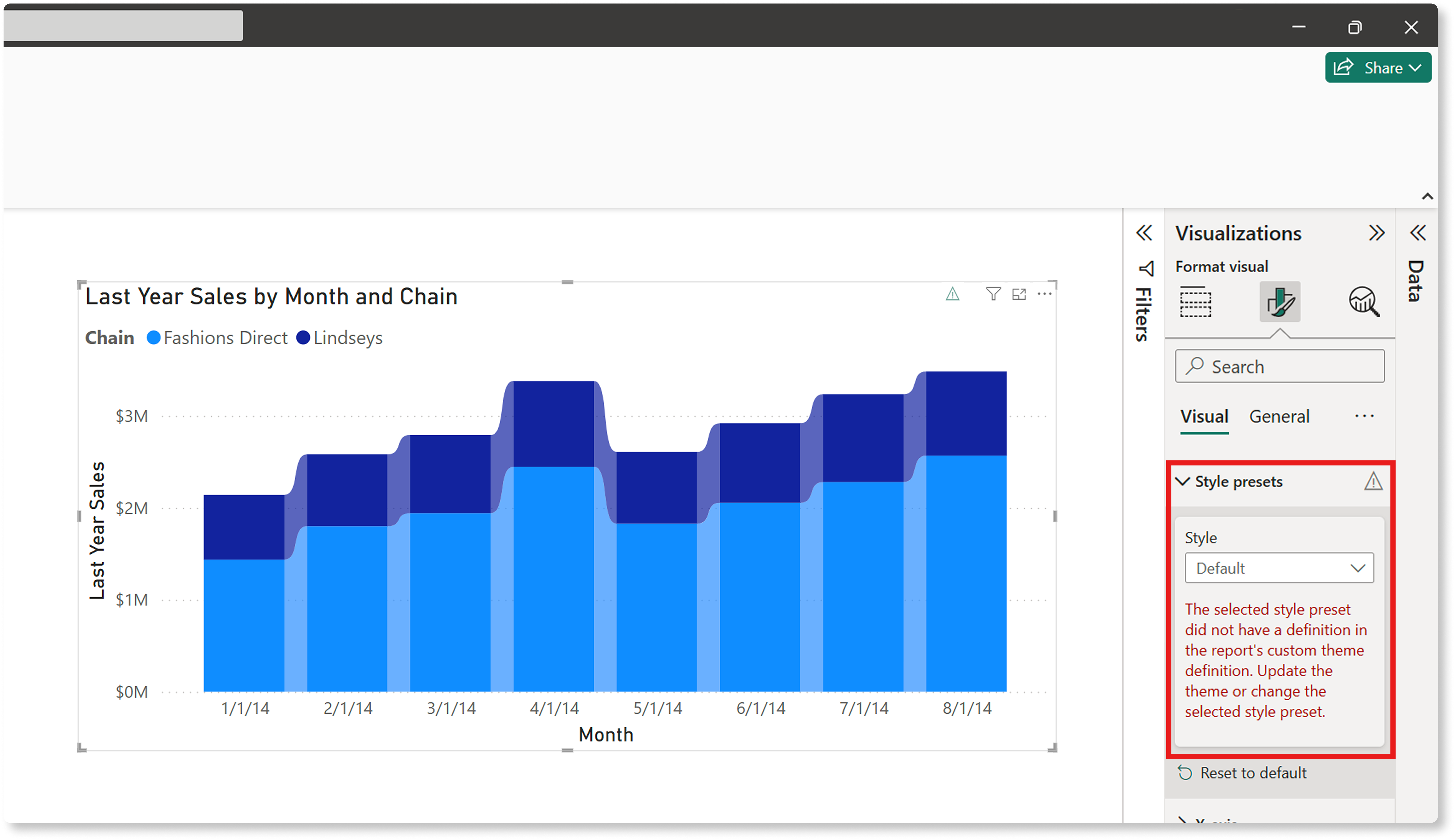 สกรีนช็อตของเมนูค่าที่ตั้งไว้ของลักษณะที่แสดงข้อความแสดงข้อผิดพลาดที่ระบุว่าไม่พบค่าที่ตั้งไว้ล่วงหน้าของลักษณะที่กําหนดเอง