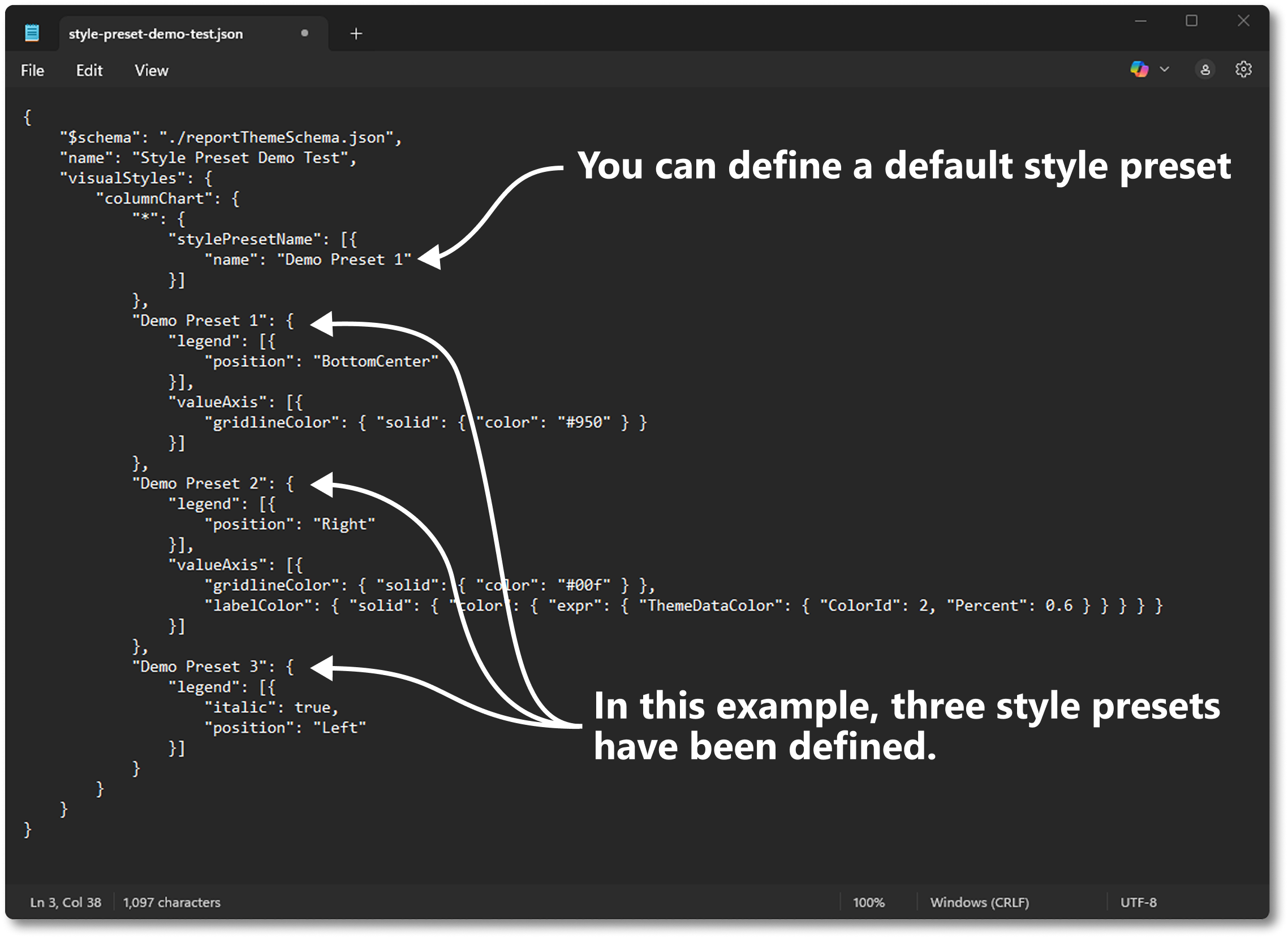 สกรีนช็อตของไฟล์ JSON ที่แสดงค่าที่ตั้งไว้เริ่มต้นของสไตล์ รวมถึงค่าที่ตั้งไว้ของสไตล์ที่กําหนดไว้สามรายการตามความต้องการของผู้ใช้
