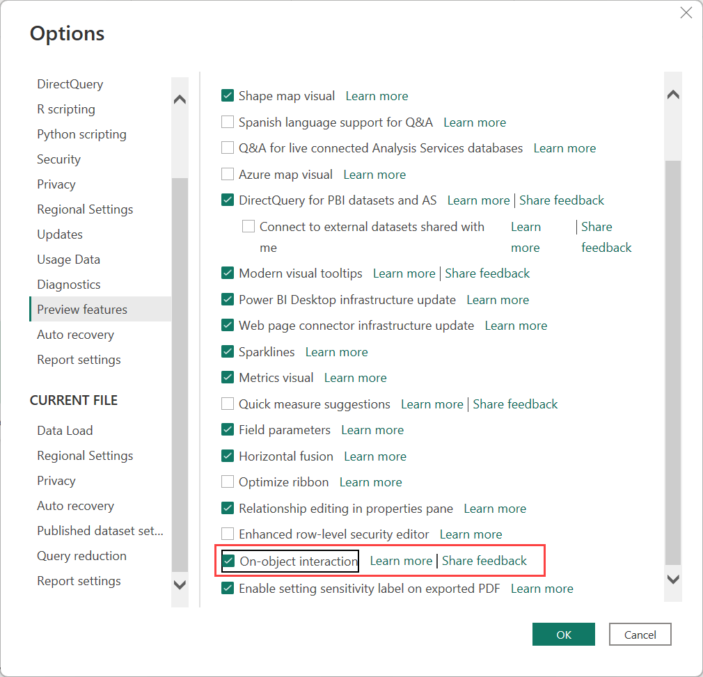 สกรีนช็อตที่แสดงการเปิดคุณลักษณะการแสดงตัวอย่าง