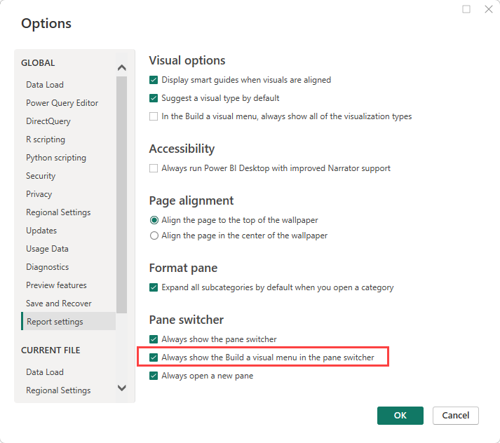 สกรีนช็อตแสดงเมนูตัวเลือก แสดงการสร้างวิชวลเสมอ