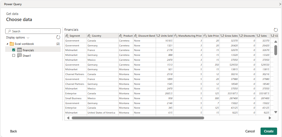 ภาพหน้าจอของหน้าต่างเลือกข้อมูลของ Power Query เลือกตารางการเงิน
