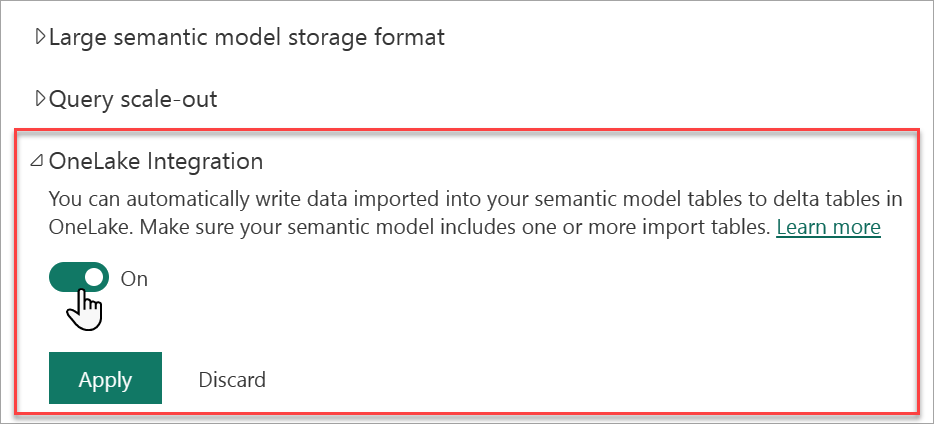 Enable OneLake integration in model settings.