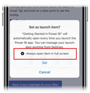 สกรีนช็อตของตัวเลือกในการเปิดรายการในโหมดเต็มหน้าจอเสมอ