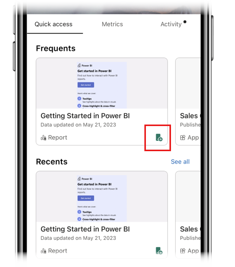 สกรีนช็อตของไอคอนรายการเปิดใช้ในแอป Power BI สําหรับอุปกรณ์เคลื่อนที่