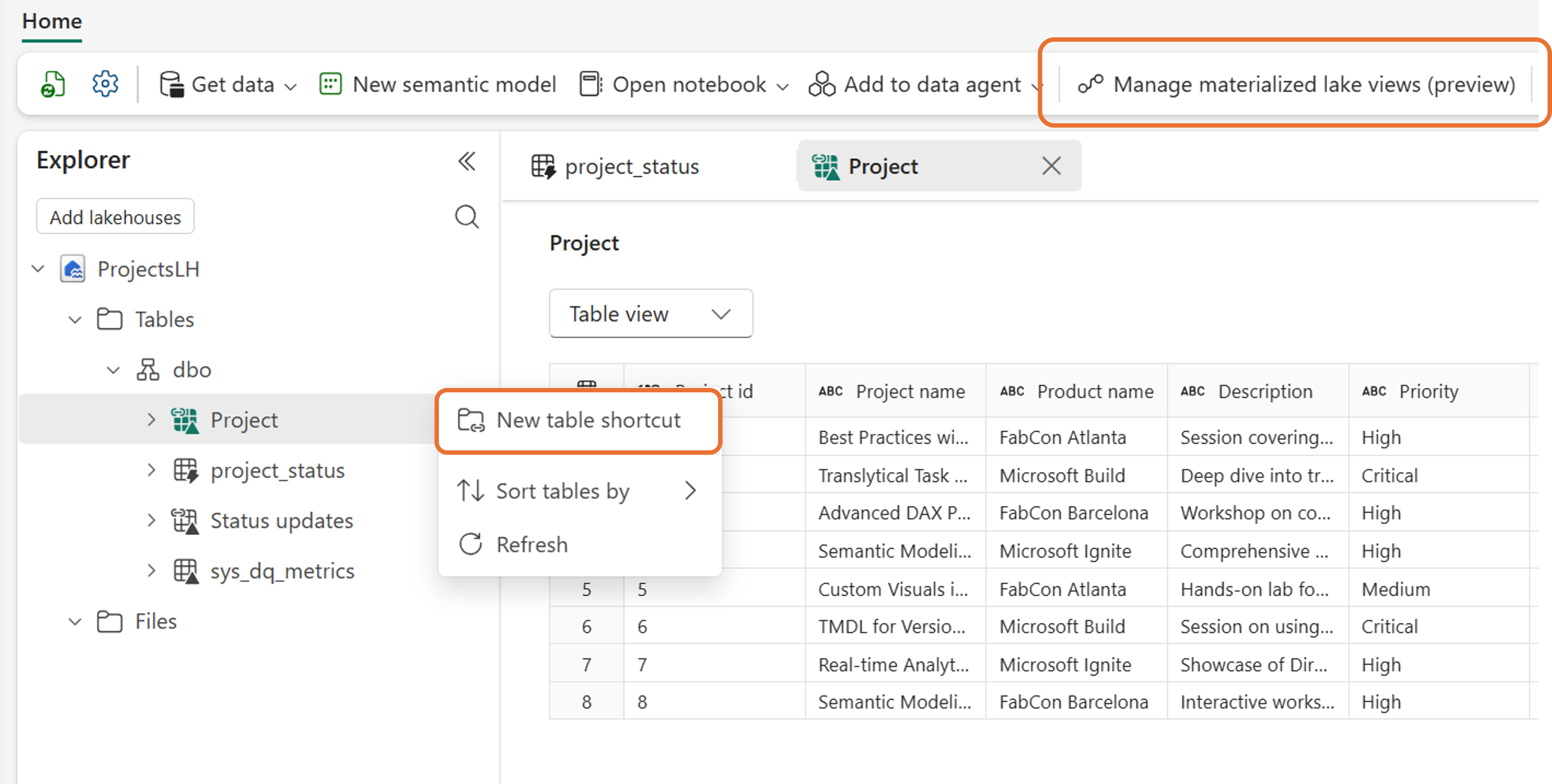 ภาพหน้าจอแสดงตัวเลือก Lakehouse สําหรับการเพิ่มทางลัดและมุมมองทะเลสาบที่เป็นรูปธรรม