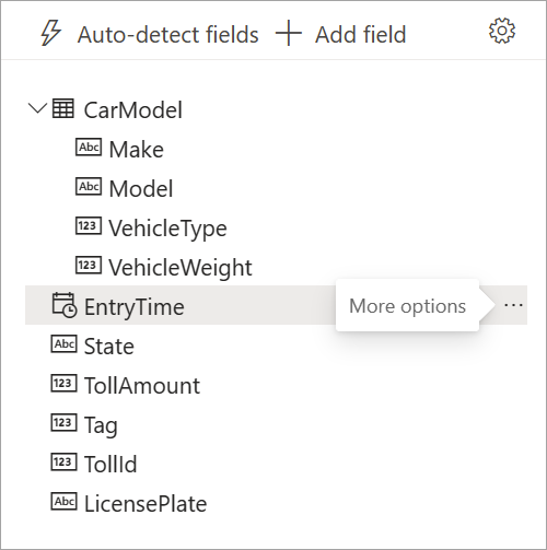 Screenshot that shows input data options, EntryTime is selected with the more options tool tip displayed.