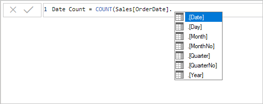 Screenshot showing example of entering a DAX measure expression in the formula bar.