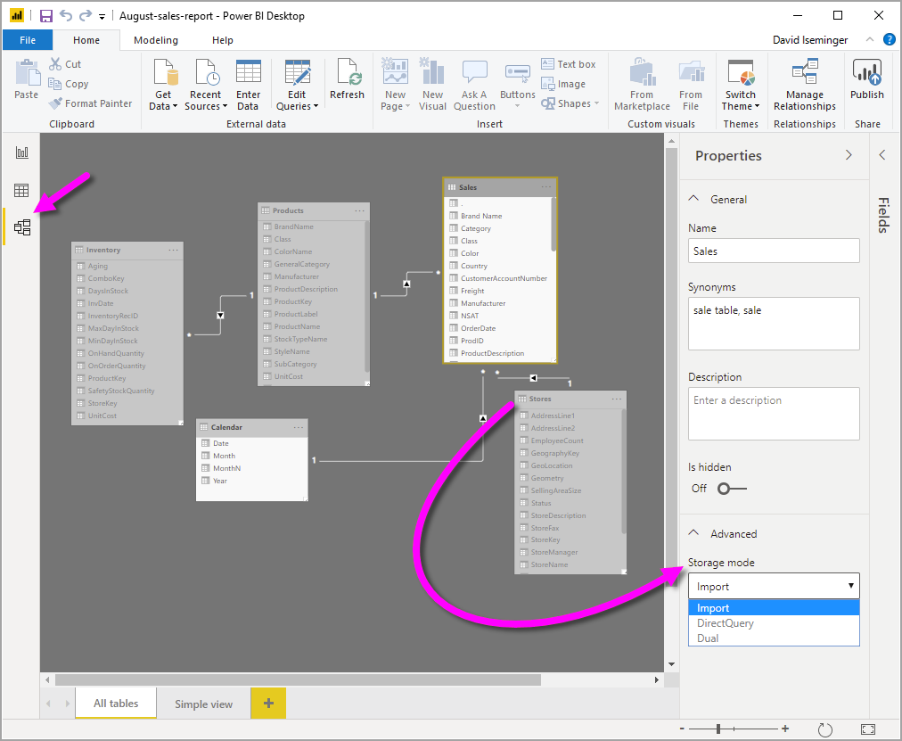 Screenshot of Relationship view highlight the option drop-down to change the storage mode.