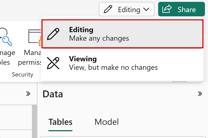 สกรีนช็อตที่แสดงการควบคุมโหมดการแก้ไขใน บริการของ Power BI