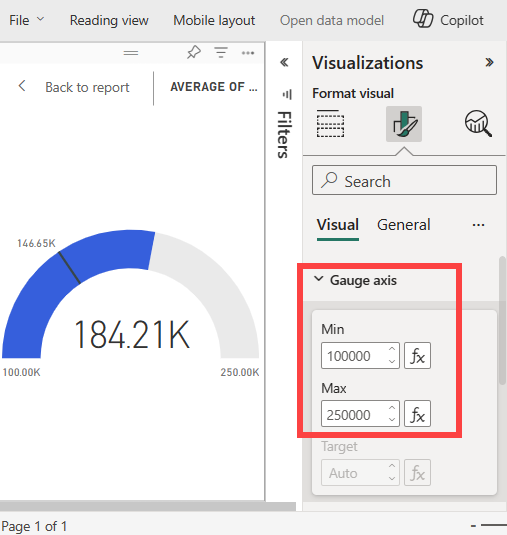 Screenshot that shows how to format the minimum and maximum values for the gauge axis.