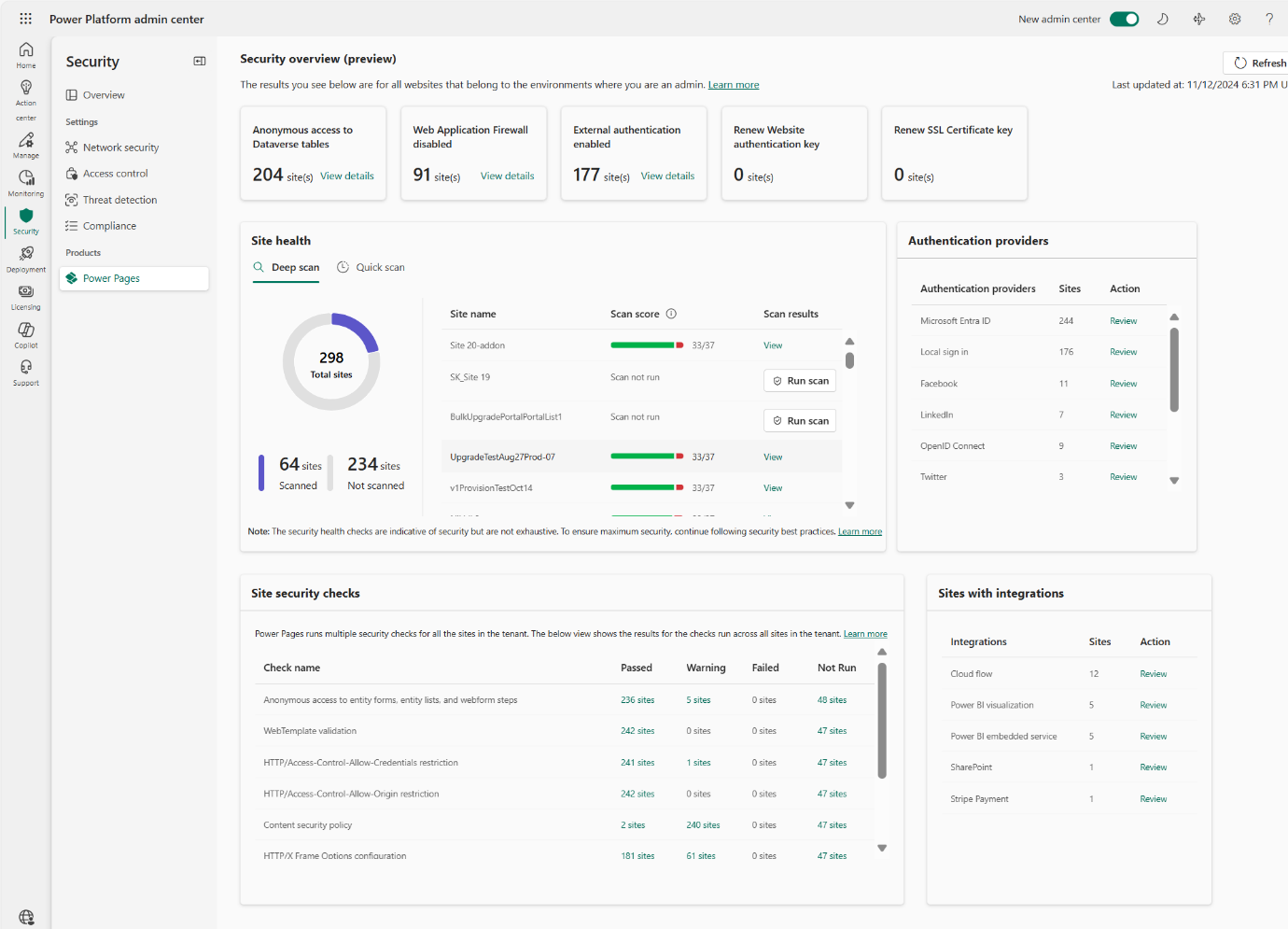ภาพหน้าจอของแดชบอร์ดความปลอดภัยในหน้าความปลอดภัยในศูนย์การจัดการ Power Platform ใหม่