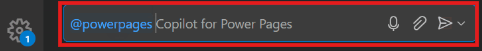 ภาพหน้าจอของการเพิ่มผู้เข้าร่วม powerpages ลงในแชท GitHub Copilot ใน Visual Studio Code