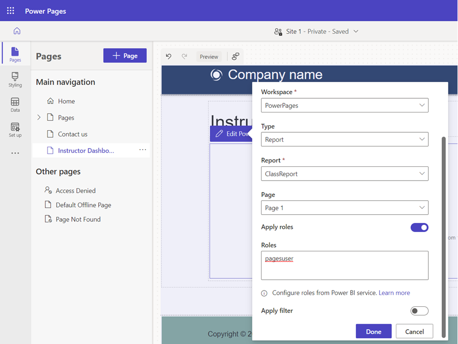 เพิ่มบทบาทในส่วนประกอบ Power BI