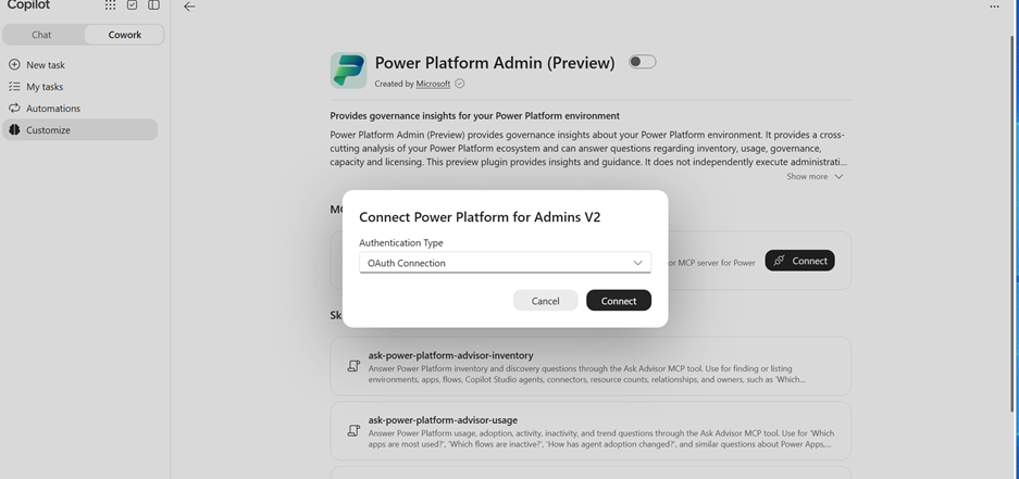 กล่องโต้ตอบ Cowork เพื่อเชื่อมต่อ Power Platform for Admins V2 โดยใช้การเชื่อมต่อ OAuth