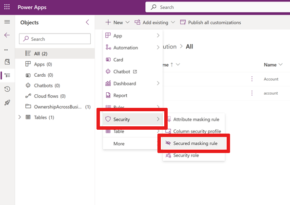 ภาพหน้าจอแสดงตำแหน่งของปุ่มกฎการปกปิดข้อมูลที่ปลอดภัยใน Power Apps
