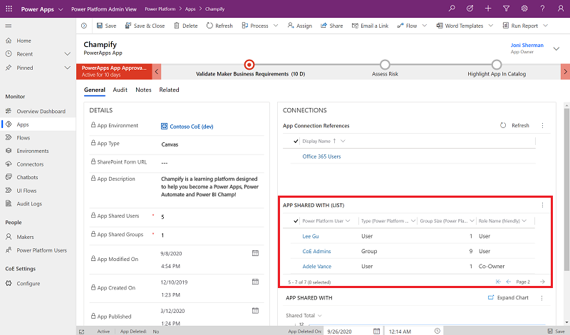 สกรีนช็อตที่แสดงหน้าแอป PowerApps พร้อมส่วนแอปที่แชร์กับ (รายการ) ที่ถูกเน้น