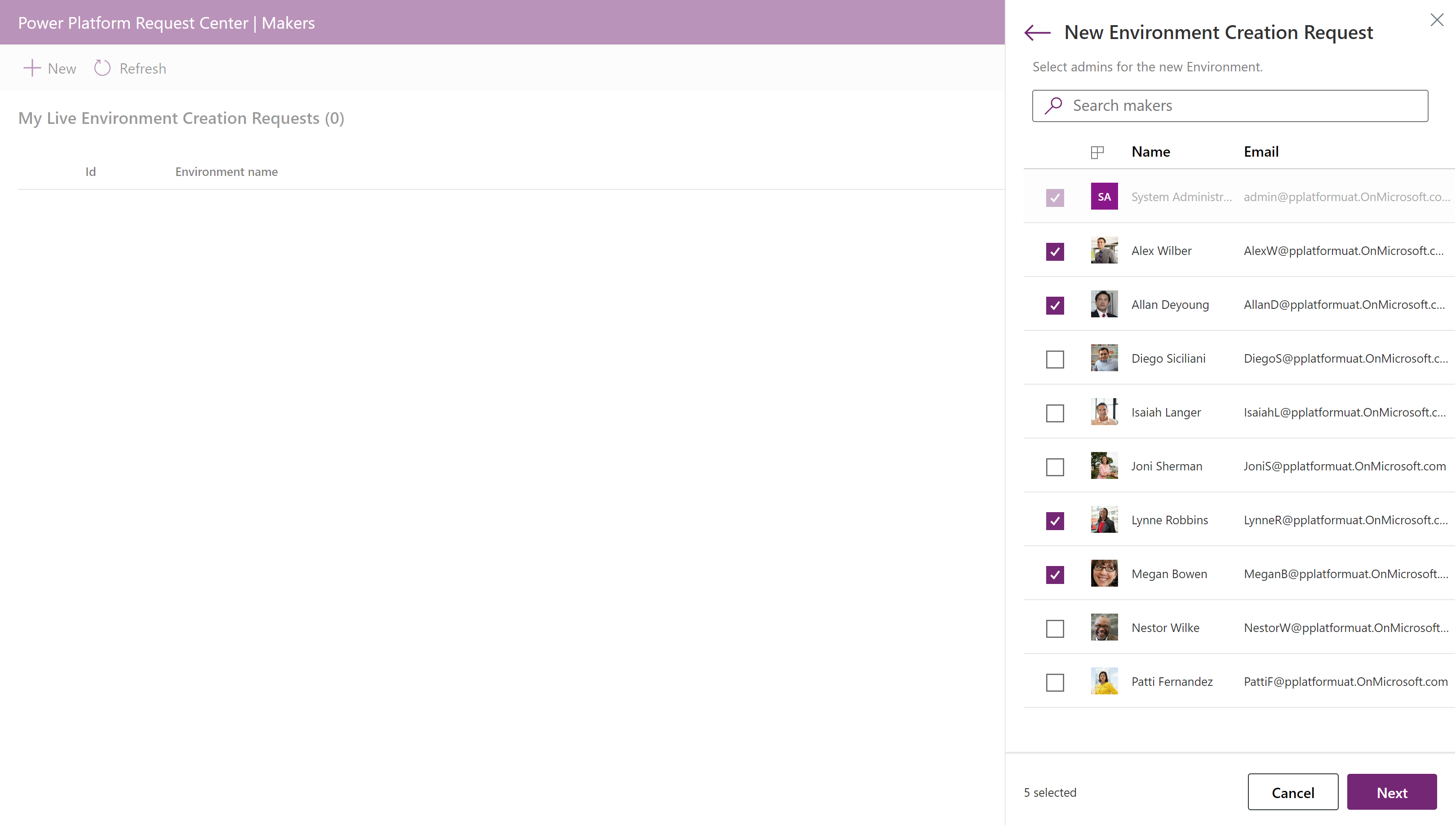สกรีนช็อตแสดงแผงคําขอสร้างสภาพแวดล้อมใหม่ที่คุณเลือกผู้ดูแลระบบ