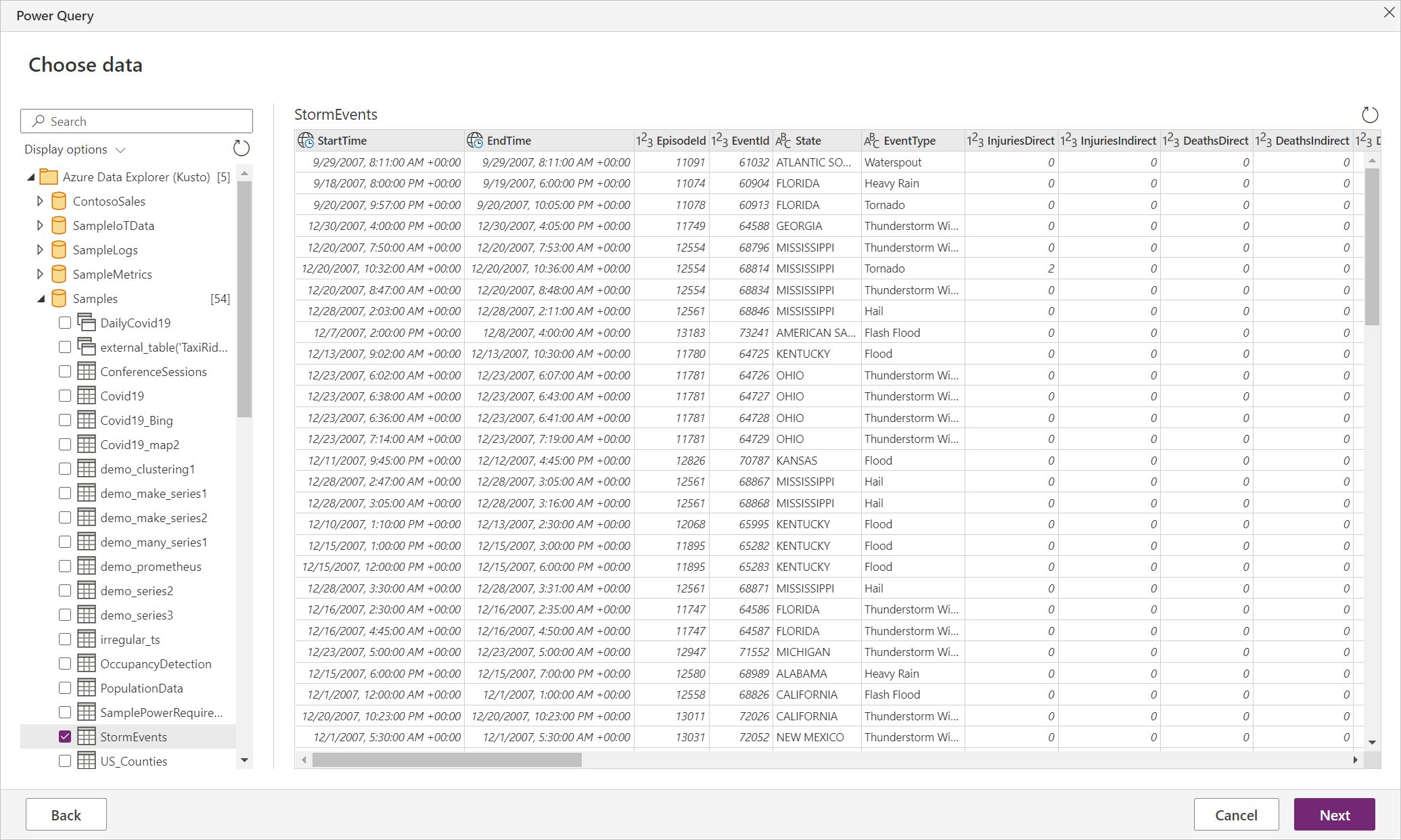 Screenshot of the Choose data page, containing the data from StormEvents in the Samples database.