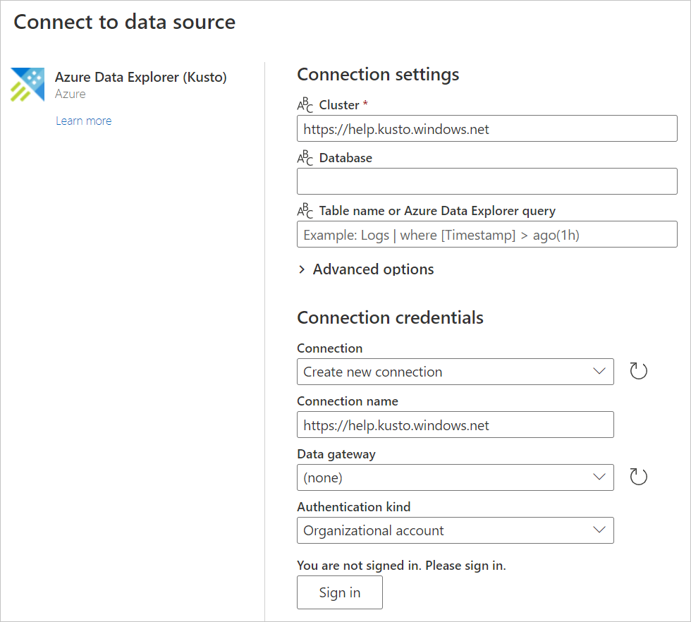 Screenshot of the Choose data source page for Azure Data Explorer (Kusto), with the URL for the cluster entered.