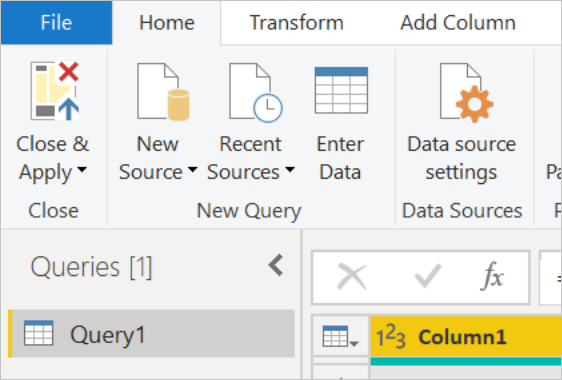 ภาพหน้าจอระยะใกล้ของตัวแก้ไข Power Query ที่แสดงตัวเลือกปิดและใช้