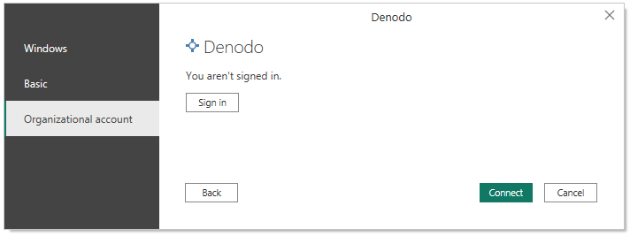 สกรีนช็อตของการรับรองความถูกต้องของบัญชีองค์กร Denodo ใน Power BI Desktop
