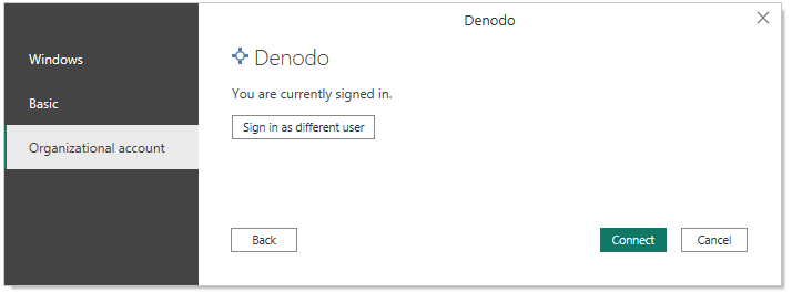 สกรีนช็อตของการเชื่อมต่อบัญชีองค์กร Denodo