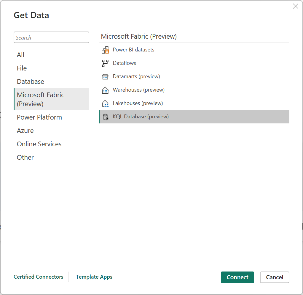 สกรีนช็อตของหน้ารับข้อมูล โดยเลือกประเภท Microsoft Fabric (พรีวิว) และเน้น KQL Desktop (พรีวิว)