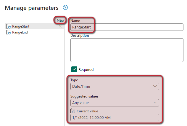 สกรีนช็อตเน้นขั้นตอนที่จําเป็นในการสร้างพารามิเตอร์ RangeStart และ RangeEnd