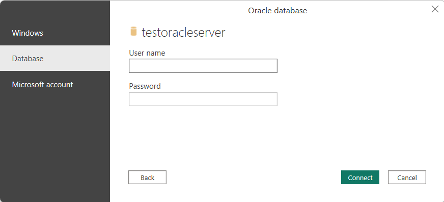 ใส่ข้อมูลประจําตัวของฐานข้อมูล Oracle ของคุณ