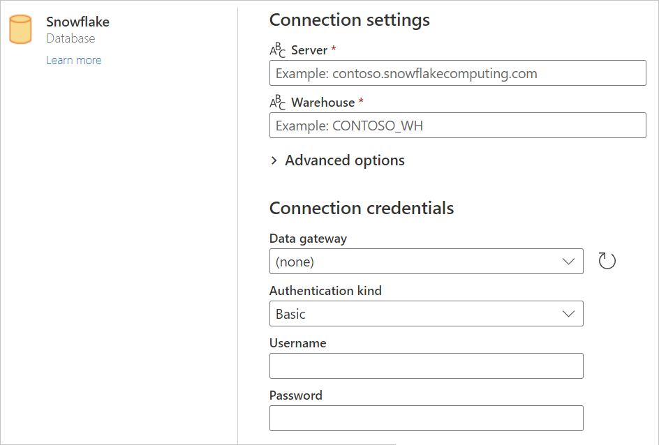 ภาพหน้าจอของตัวสร้างการเชื่อมต่อ Snowflake ใน Power Query Online.