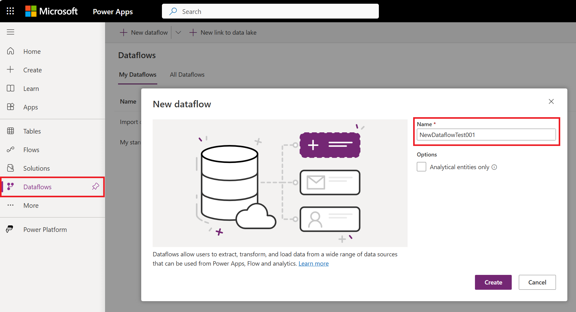 ภาพหน้าจอของกล่องโต้ตอบกระแสข้อมูลใหม่ของ Power Apps ที่คุณเลือกชื่อของกระแสข้อมูลใหม่ของคุณ