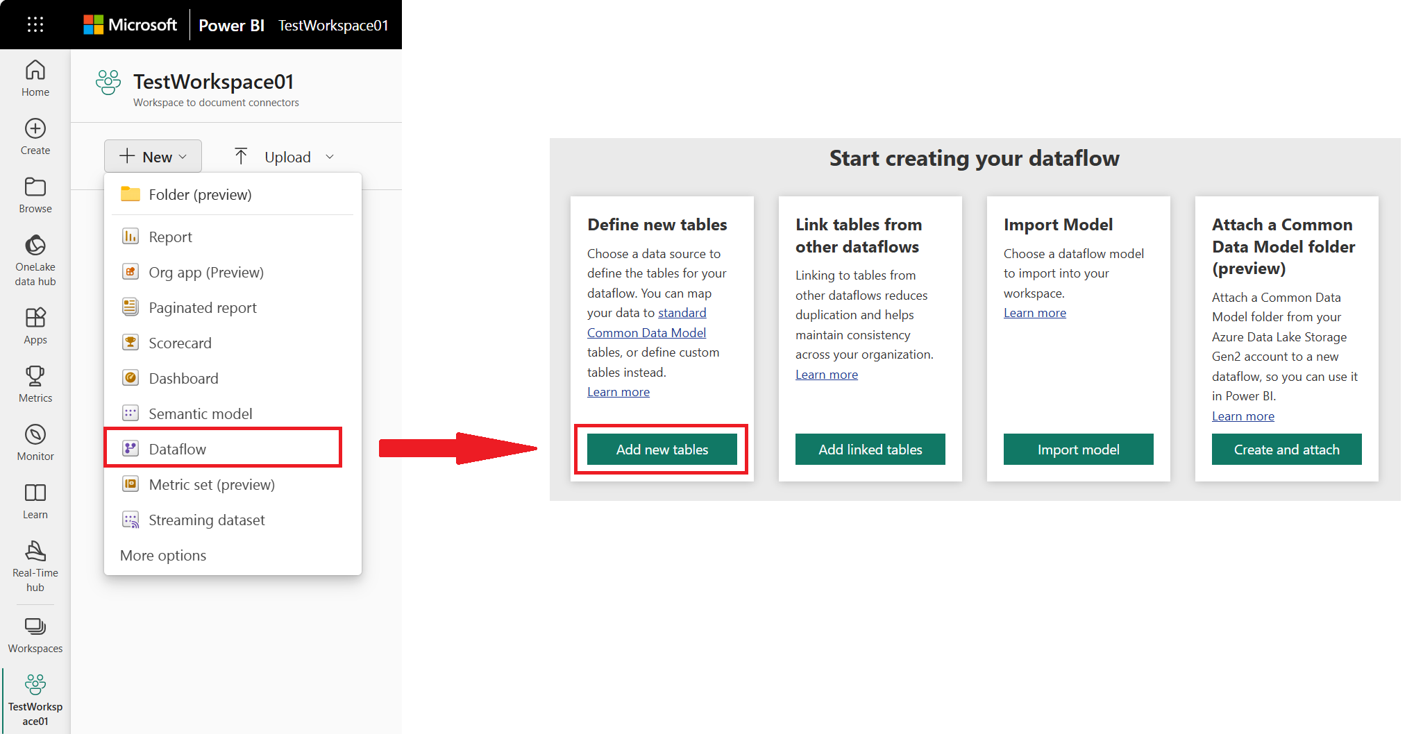 สกรีนช็อตของบริการของ Power BI ที่คุณเพิ่มตารางจากคําสั่งกระแสข้อมูลใหม่