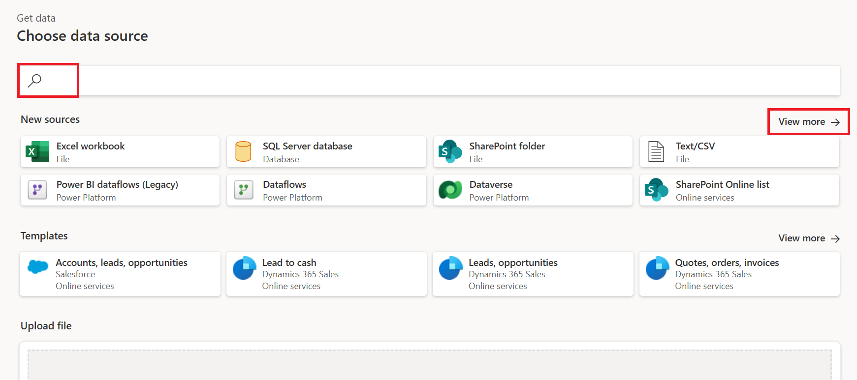 สกรีนช็อตของหน้าเลือกแหล่งข้อมูลพร้อมกล่องค้นหาและการเลือกมุมมองที่เน้นมากขึ้น