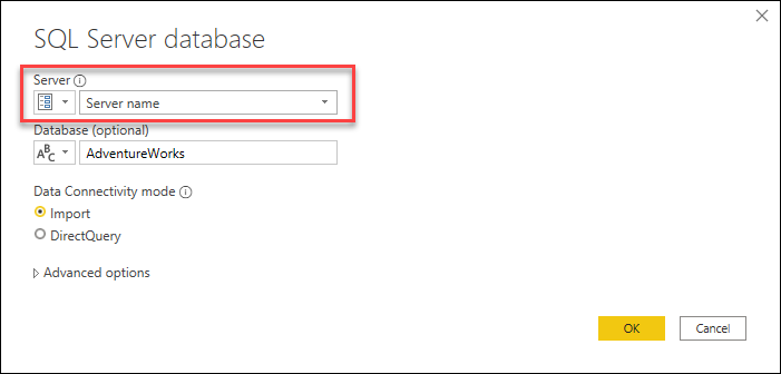 กล่องโต้ตอบฐานข้อมูล SQL Server ที่มีพารามิเตอร์สําหรับชื่อเซิร์ฟเวอร์