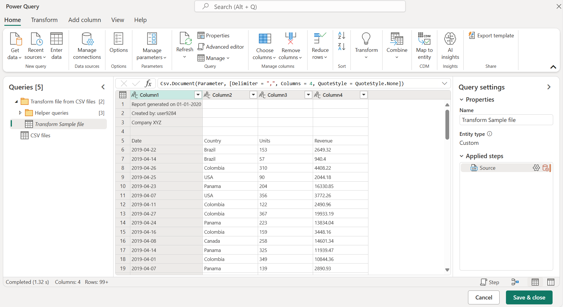 คอลัมน์ข้อมูลที่ไม่มีการแปลงตั้งแต่เดือนเมษายน 2019 ตารางแสดงคอลัมน์ข้อมูลจากเดือนเมษายน 2019 รวมถึงส่วนส่วนหัวในสี่แถวแรกและหัวเรื่องในแถวที่ห้า
