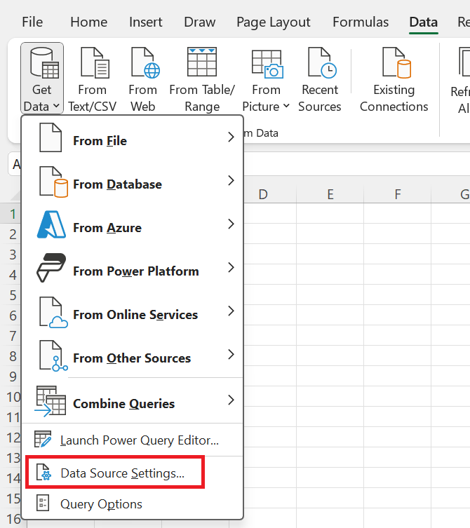 ภาพหน้าจอของเวิร์กบุ๊ก Excel ที่เน้นตัวเลือกการตั้งค่าแหล่งข้อมูล