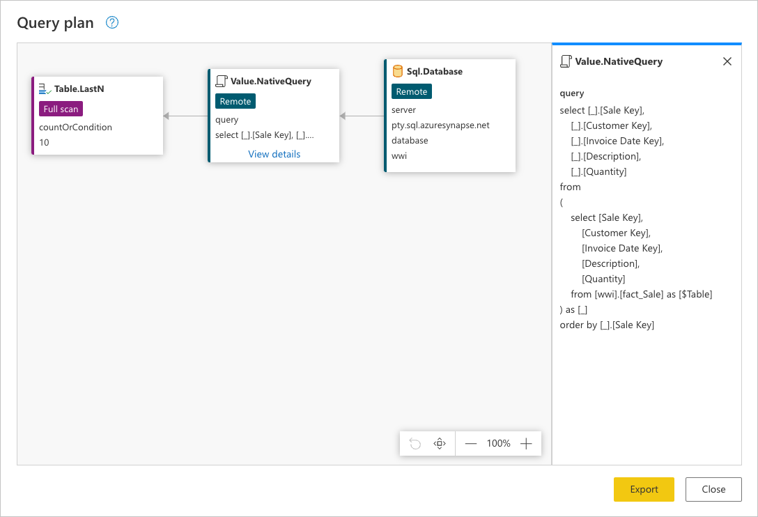 คําสั่ง SQL ภายใน Value.NativeQuery แสดงคําขอสําหรับเรกคอร์ดทั้งหมด โดยมีเฉพาะเขตข้อมูลที่ร้องขอจากตาราง fact_Sales ในฐานข้อมูลที่เรียงลําดับจากน้อยไปหามากตามเขตข้อมูล Sale Key
