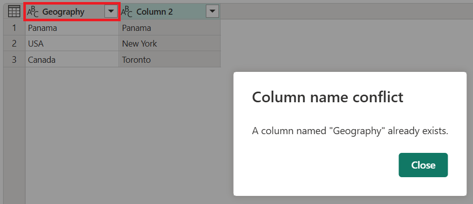 สกรีนช็อตของข้อความข้อผิดพลาดการเปลี่ยนชื่อคอลัมน์ที่ขัดแย้งกัน