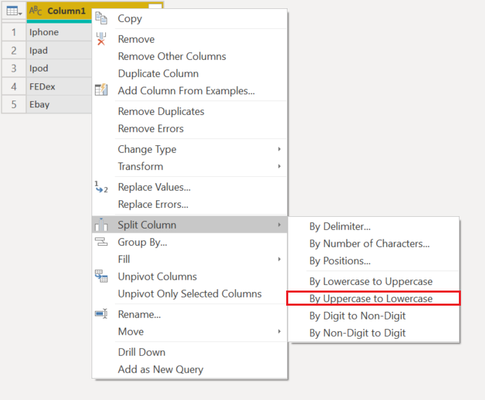 สกรีนช็อตแสดงตําแหน่งของ ตามตัวพิมพ์ใหญ่ เป็น ตัวพิมพ์เล็ก เมื่อคลิกขวาที่คอลัมน์