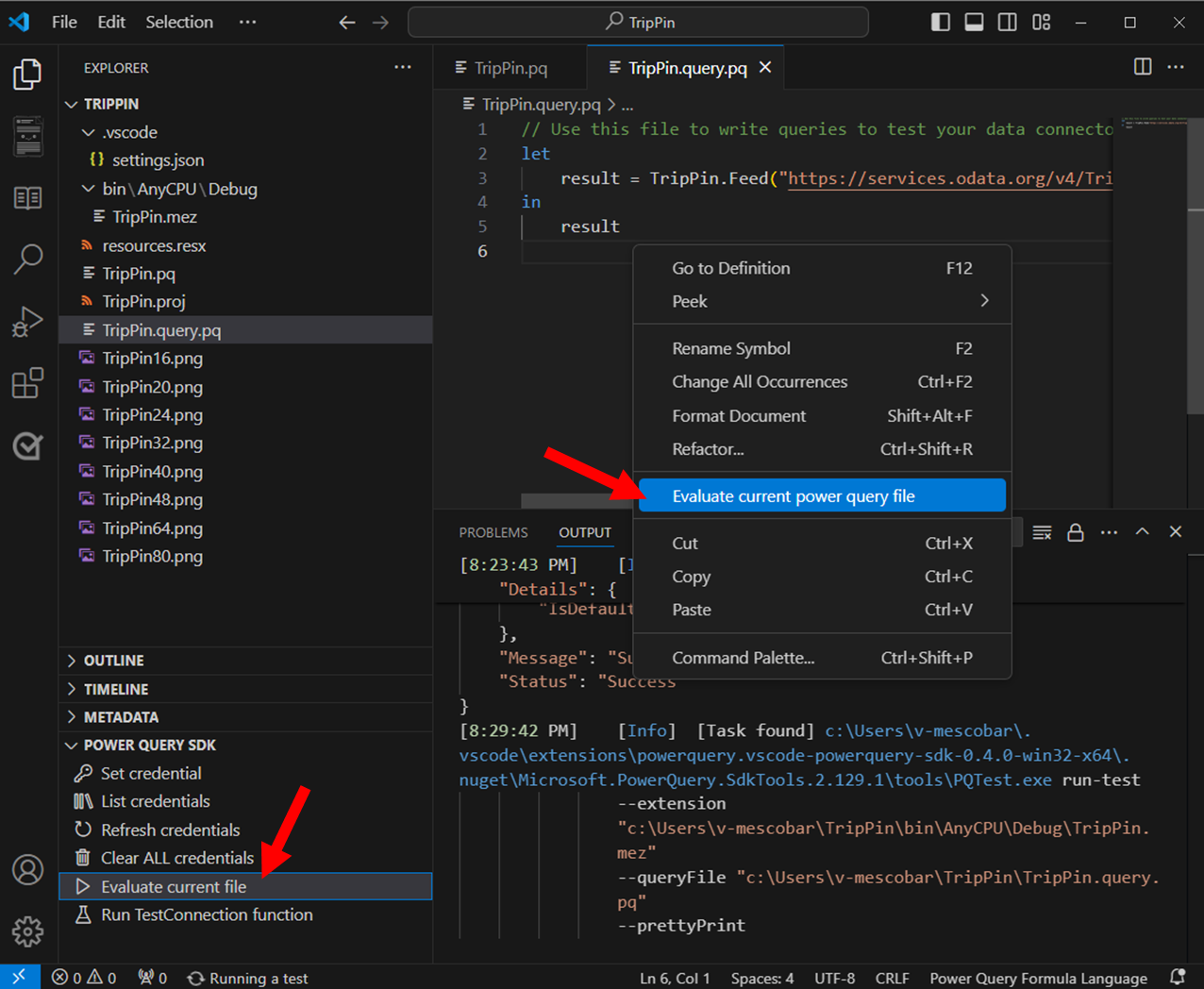 สกรีนช็อตของตัวเลือกหลายรายการเพื่อประเมินไฟล์ Power Query ปัจจุบัน