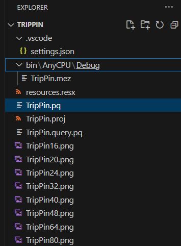 สกรีนช็อตของโฟลเดอร์ช่องเก็บใหม่ที่สร้างขึ้นซึ่งไฟล์ตัวเชื่อมต่อที่มีนามสกุล mez และชื่อ TripPin.mez ตั้งอยู่