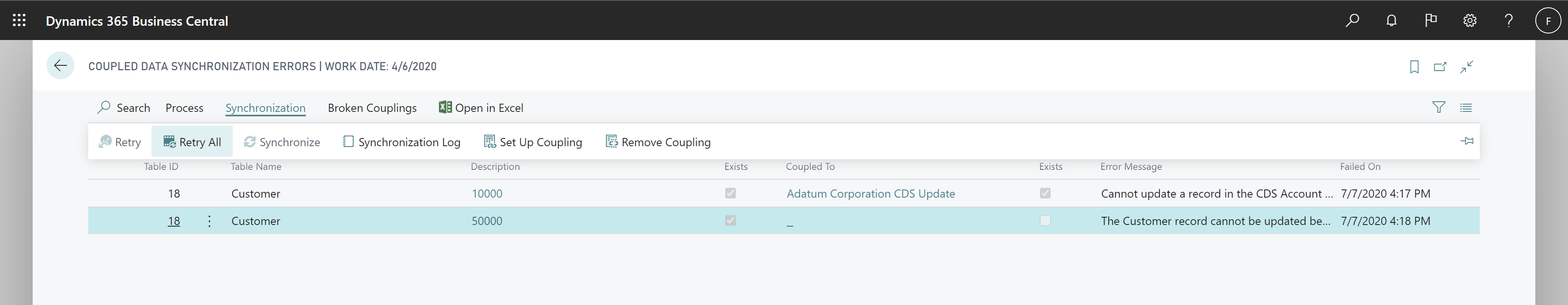 Coupled Data Synchronization Errors page showing new Retry All action