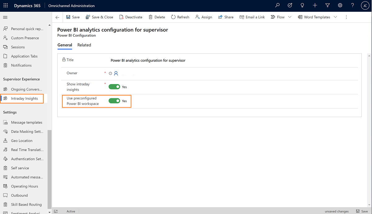 Preconfigured Power BI workspace configuration settings page Preconfigured Power BI workspace configuration settings page.