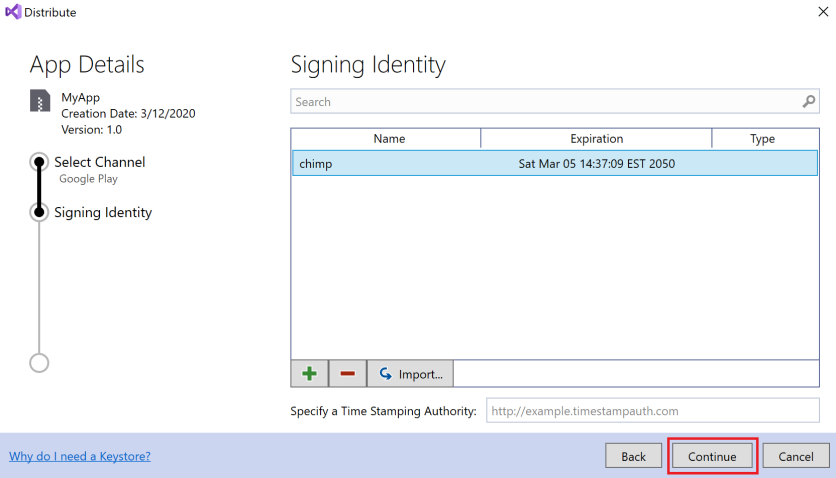 Signing Identity dialog