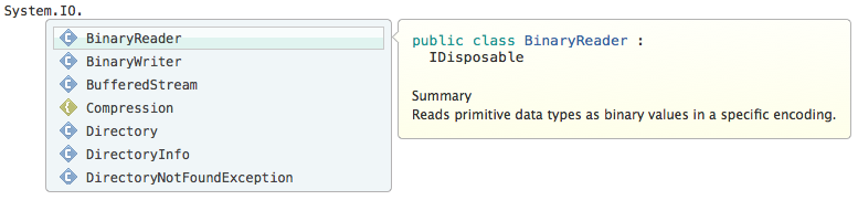 Intellisense list of 40 classes in .NET Framework System.IO namespace