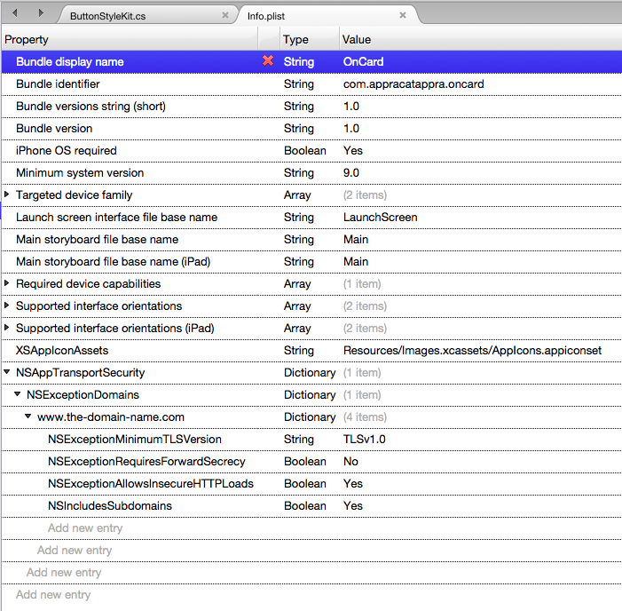 The Source view of the Info.plist file after adding specified keys.